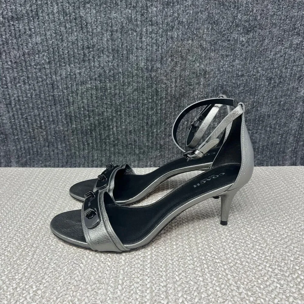 Coach Marcella Ankle Wrap Kitten Heel Silver Leather Italian Women’s 6.5 B